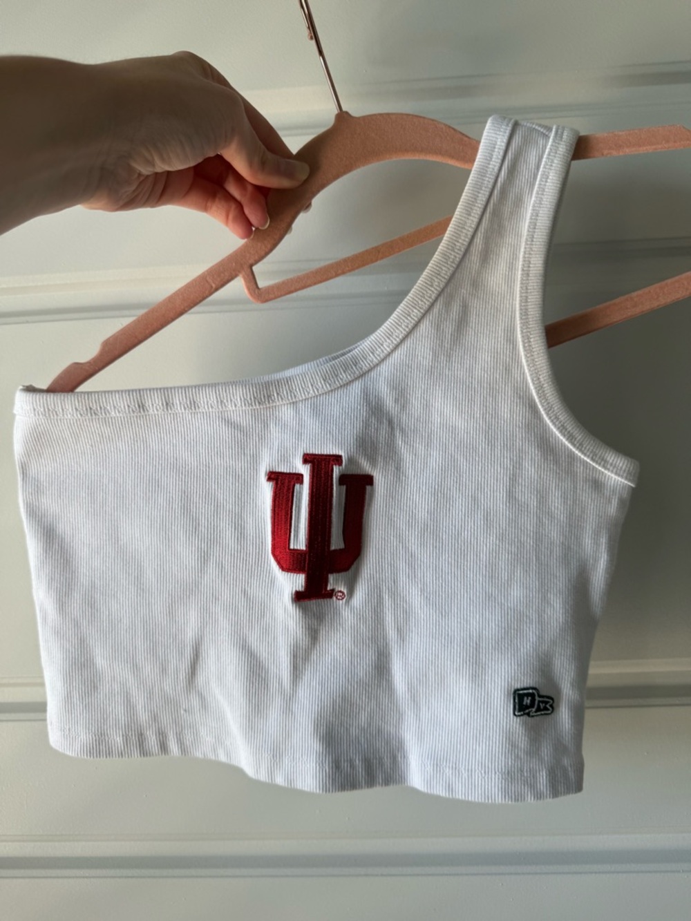 Indiana University One-Shoulder White Crop Tank